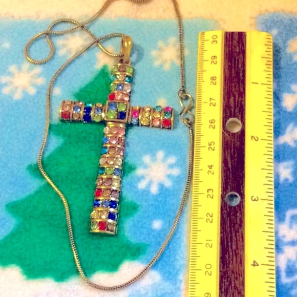 Crystal cross necklace 3” long rainbow sparkly bling colorful - Picture 2 of 3